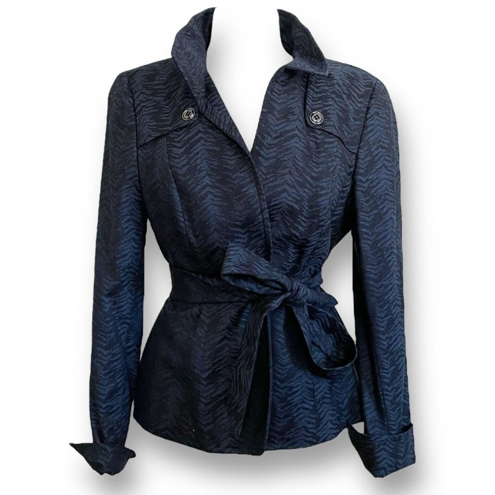 Nina McLemore Womens Blazer Jacket Sz 8 Blue Black Wool Animal Print Belted - Picture 3 of 10